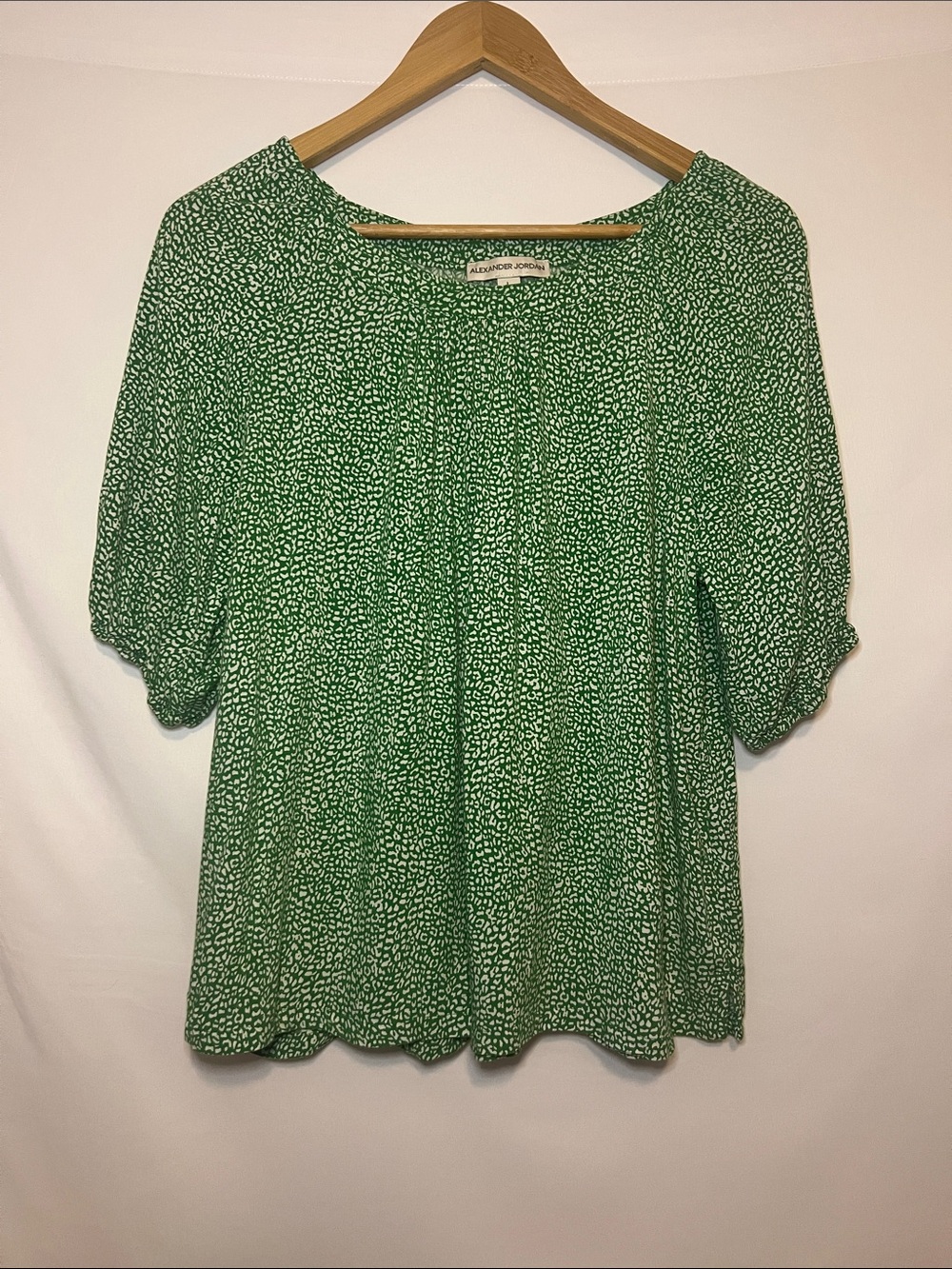 Alexander Jordan Green White Ditsy Floral Peasant Blouse Sz Large Feminine Boho
